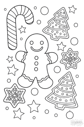 Розмальовка різдвяний пряник та святкові смаколики скачати та роздрукувати в форматі А4