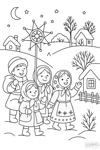 Розмальовка колядники взимку скачати та роздрукувати в форматі А4