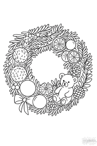Розмальовка різдвяний вінок з ведмедиком скачати та роздрукувати в форматі А4