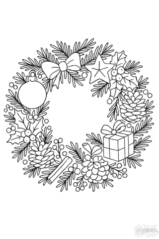 Розмальовка різдвяний вінок з прикрасами скачати та роздрукувати в форматі А4