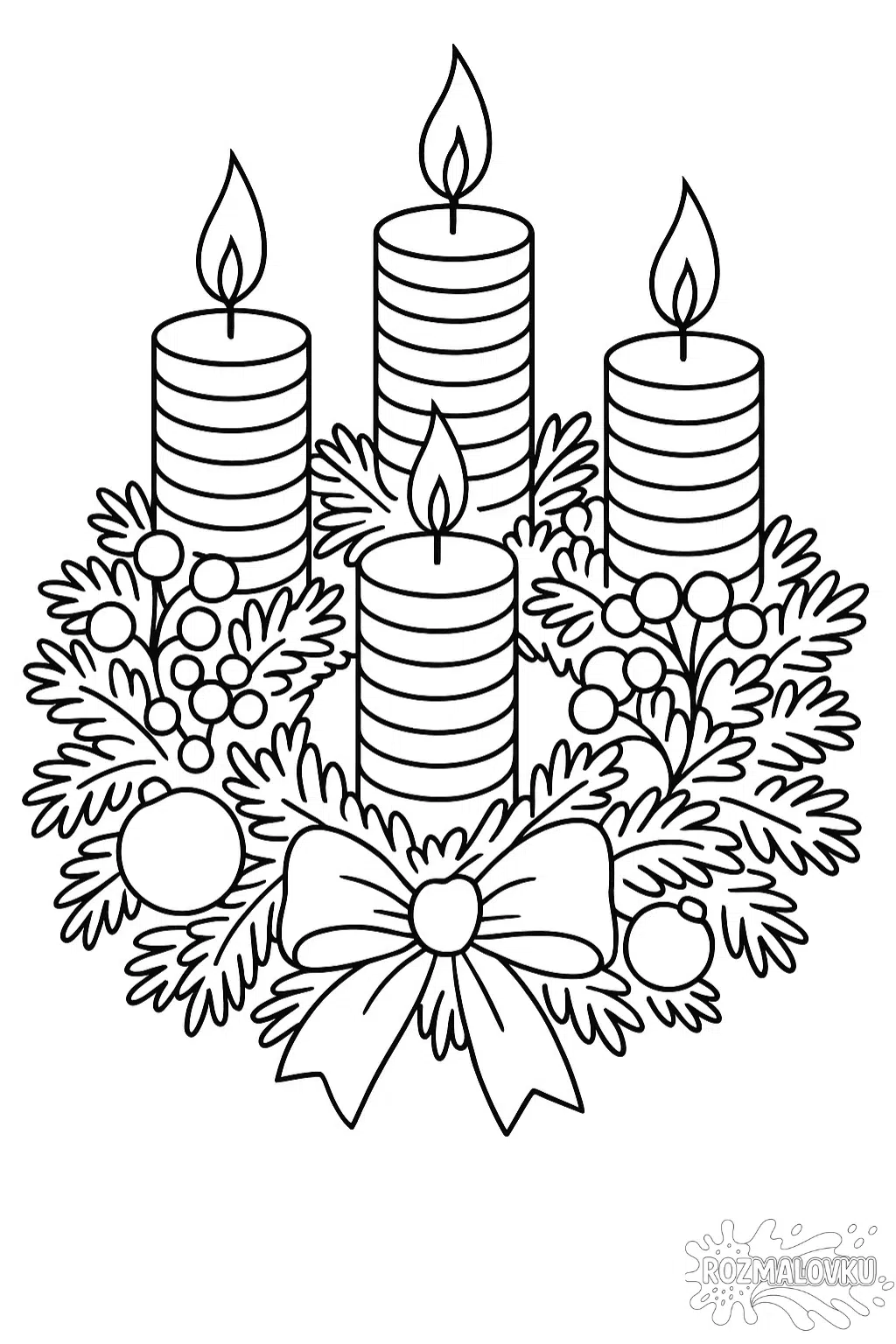 Розмальовка Різдвяний вінок зі свічками скачати та роздрукувати в форматі А4