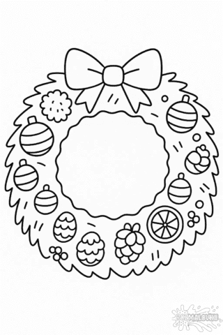 Розмальовка різдвяний вінок з іграшками та бантом скачати та роздрукувати в форматі А4
