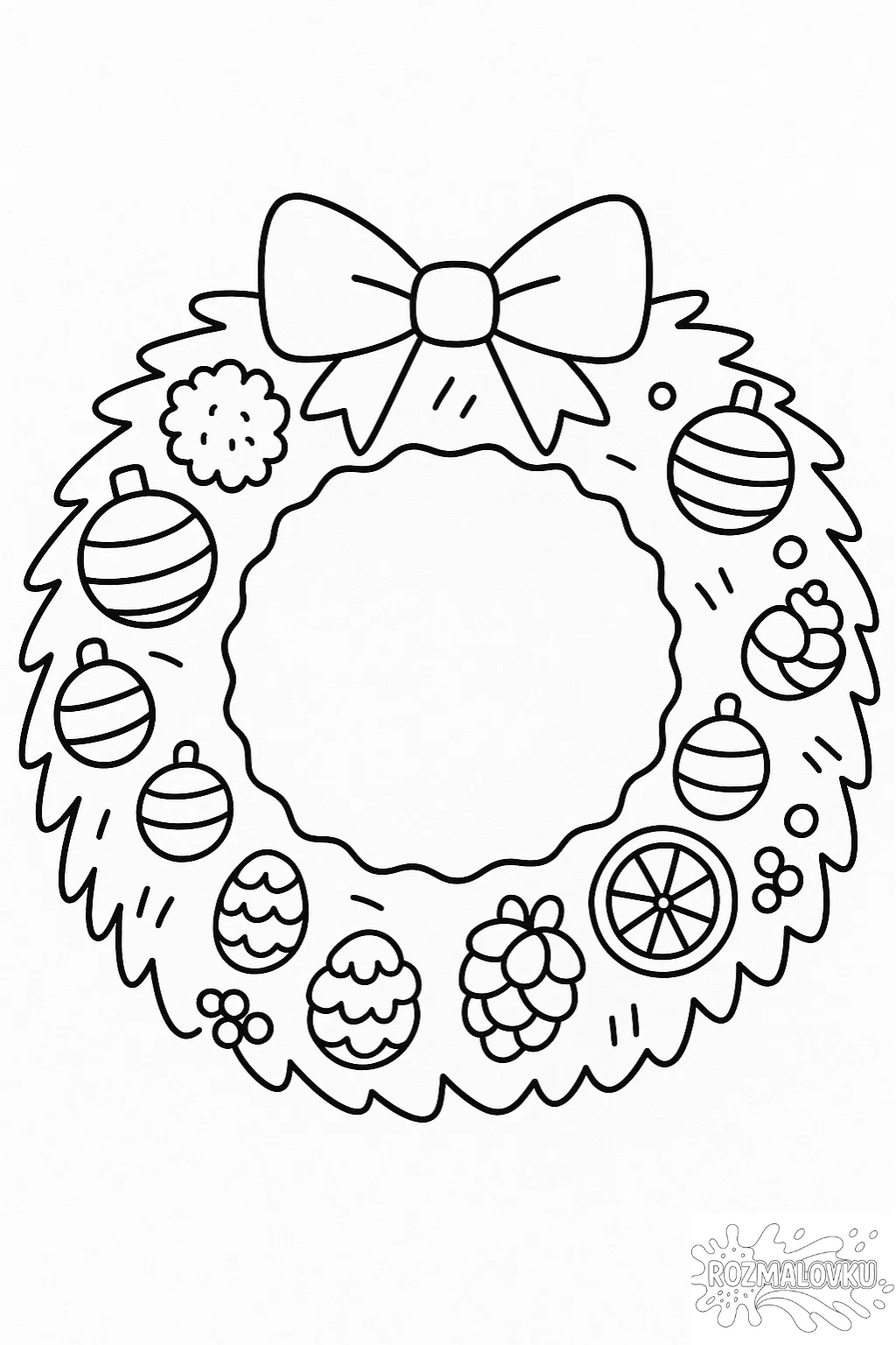 Розмальовка різдвяний вінок з іграшками та бантом скачати та роздрукувати в форматі А4