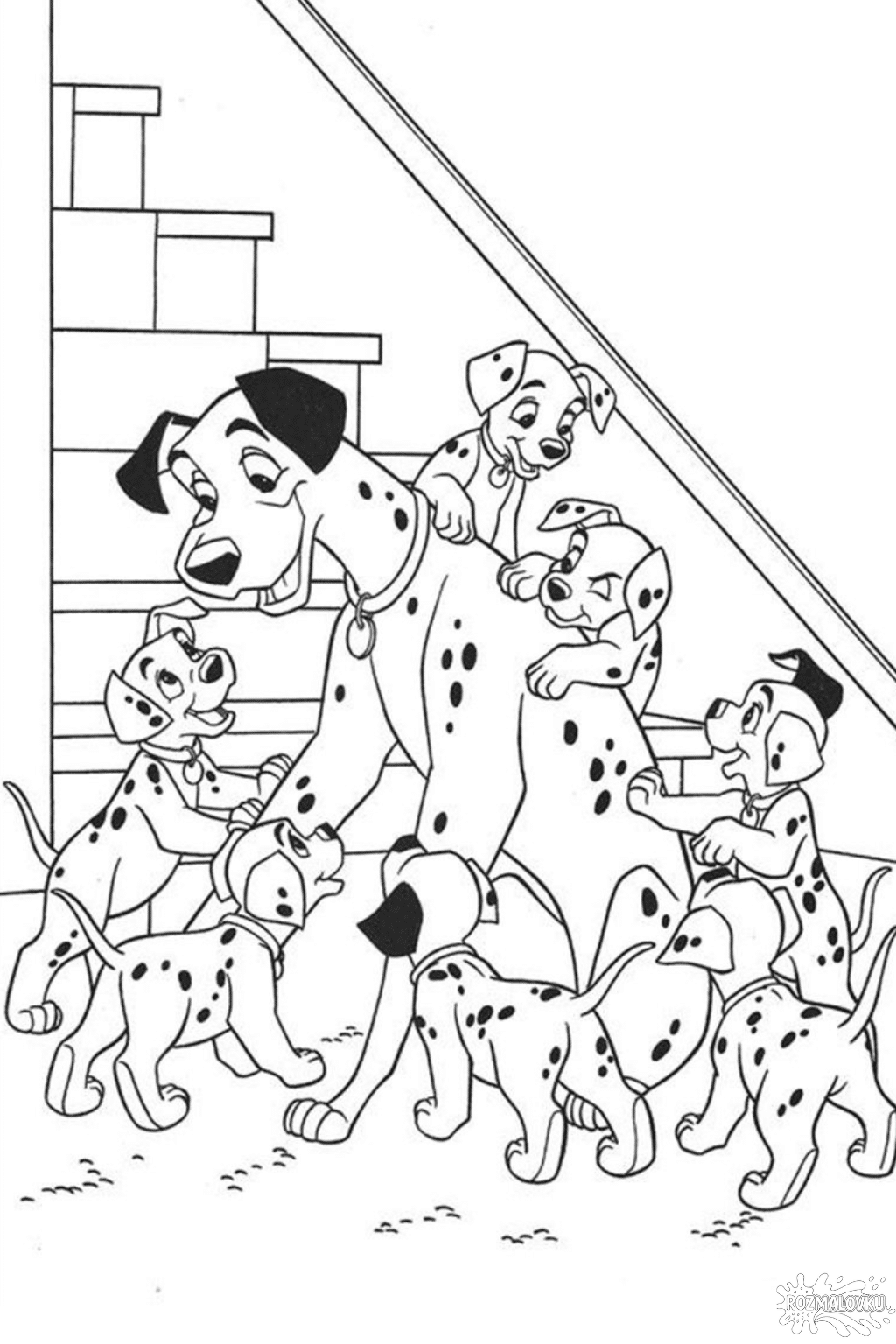 Розмальовка «101 далматинець» з цуценятами скачати та роздрукувати в форматі А4