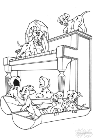 Розмальовка «101 далматинець» цуценята на піаніно скачати та роздрукувати в форматі А4