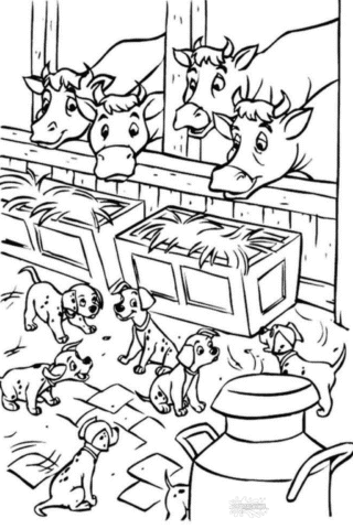 Розмальовка «101 далматинець» на фермі скачати та роздрукувати в форматі А4