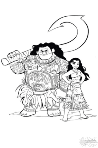 Розмальовка «Моана і Мауї» скачати та роздрукувати у форматі А4