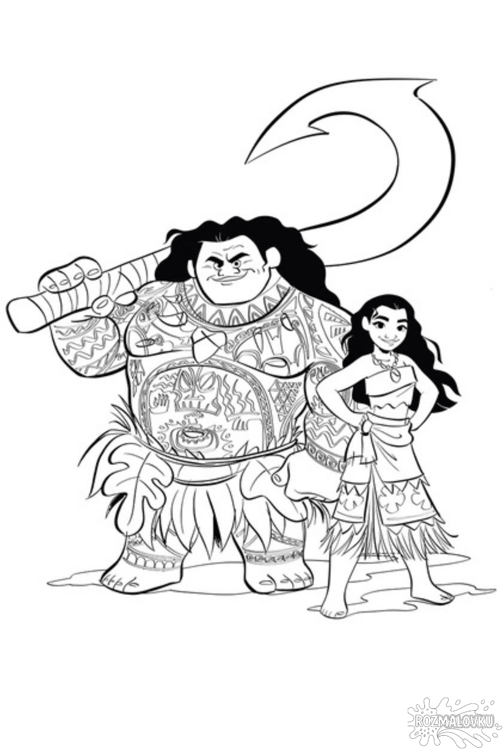 Розмальовка «Моана і Мауї» скачати та роздрукувати у форматі А4
