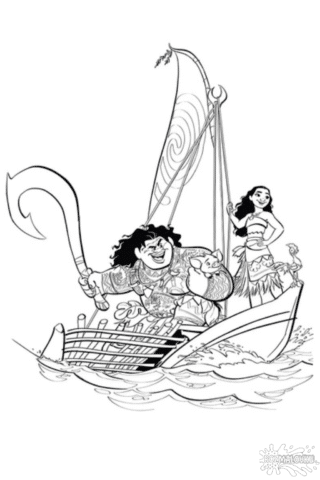 Розмальовка «Моана і Мауї в човні» скачати та роздрукувати у форматі А4