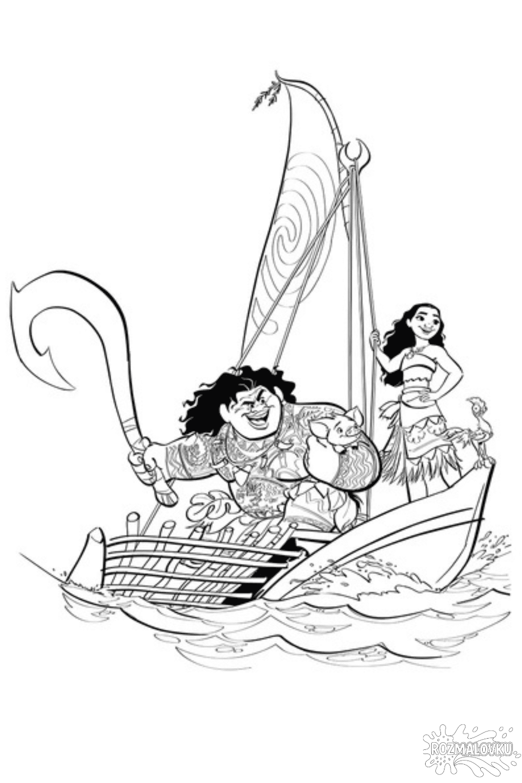 Скачати безкоштовну розмальовку «моана і мауї в човні» у форматі А4 для друку Розмальовка «Моана і Мауї в човні» скачати та роздрукувати у форматі А4