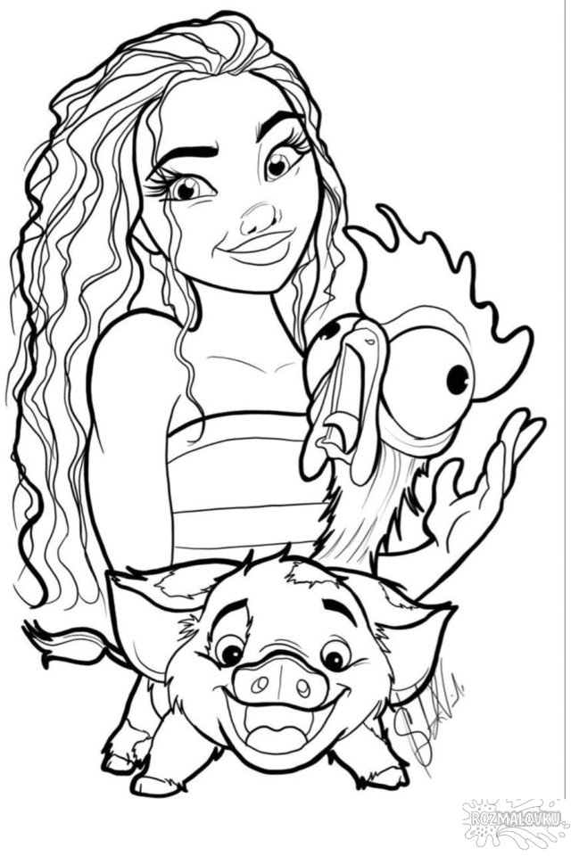 Розмальовка «Моана з Пуа та Гей-Геєм» скачати та роздрукувати у форматі А4