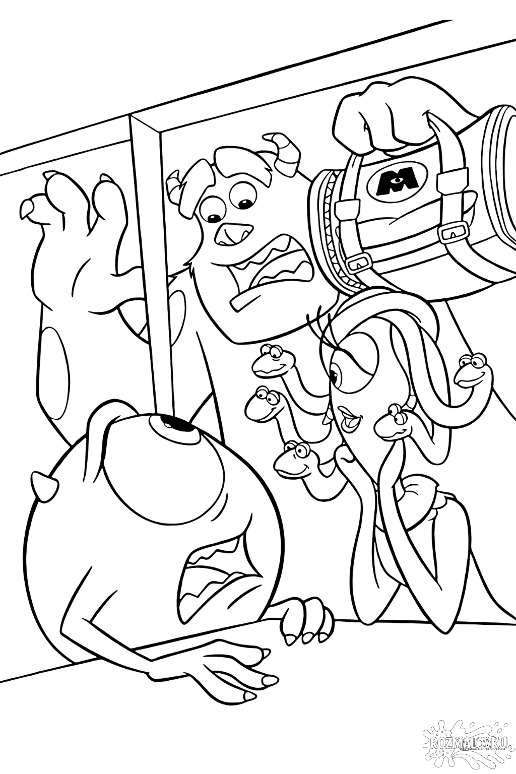 Розмальовка «Корпорація монстрів — кумедна сцена з Майком і Саллі» скачати та роздрукувати у форматі А4