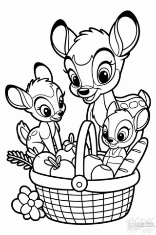 Розмальовка «Бембі з оленятами та кошиком фруктів» скачати та роздрукувати у форматі А4