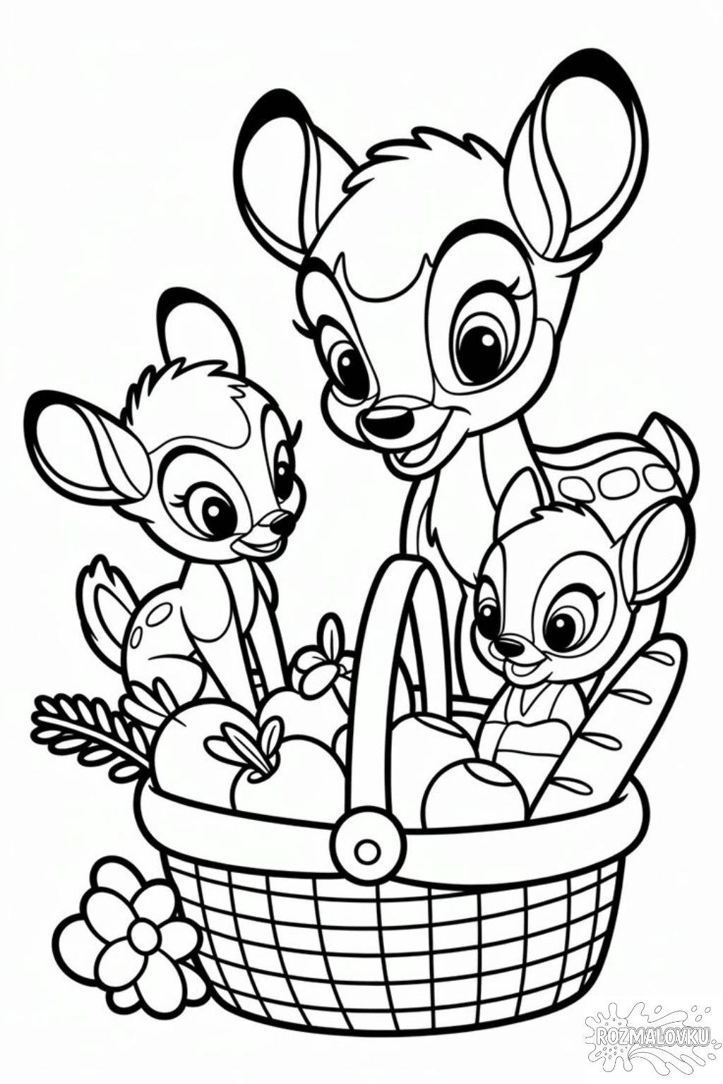 Розмальовка «Бембі з оленятами та кошиком фруктів» скачати та роздрукувати у форматі А4