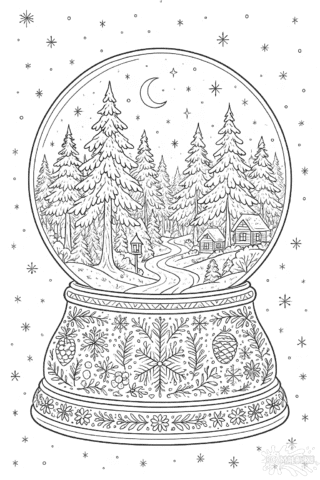 Зимова розмальовка зі сніжною кулею та зимовим лісом скачати та роздрукувати в форматі А4