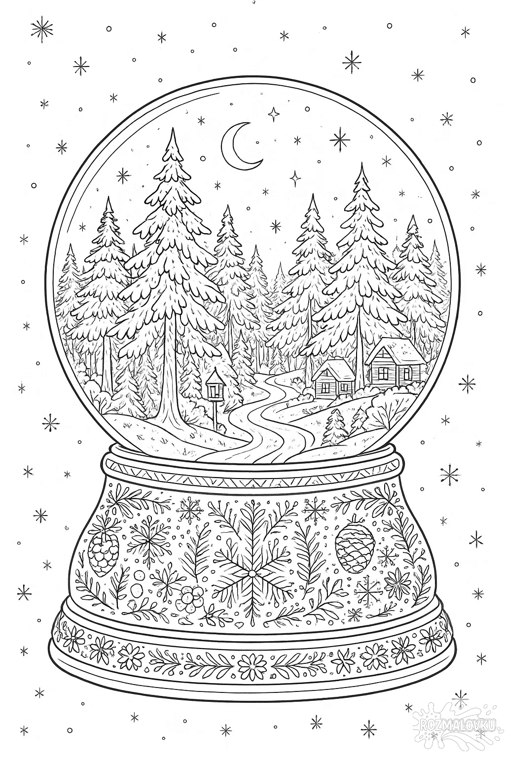 Зимова розмальовка зі сніжною кулею та зимовим лісом скачати та роздрукувати в форматі А4