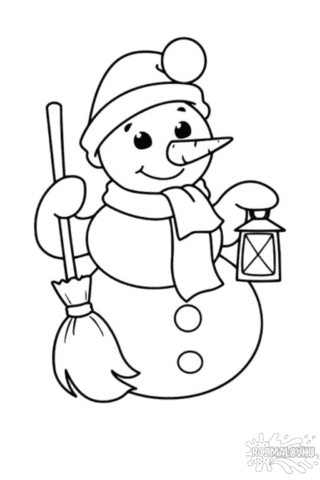 Зимова розмальовка зі сніговиком і ліхтарем скачати та роздрукувати в форматі А4