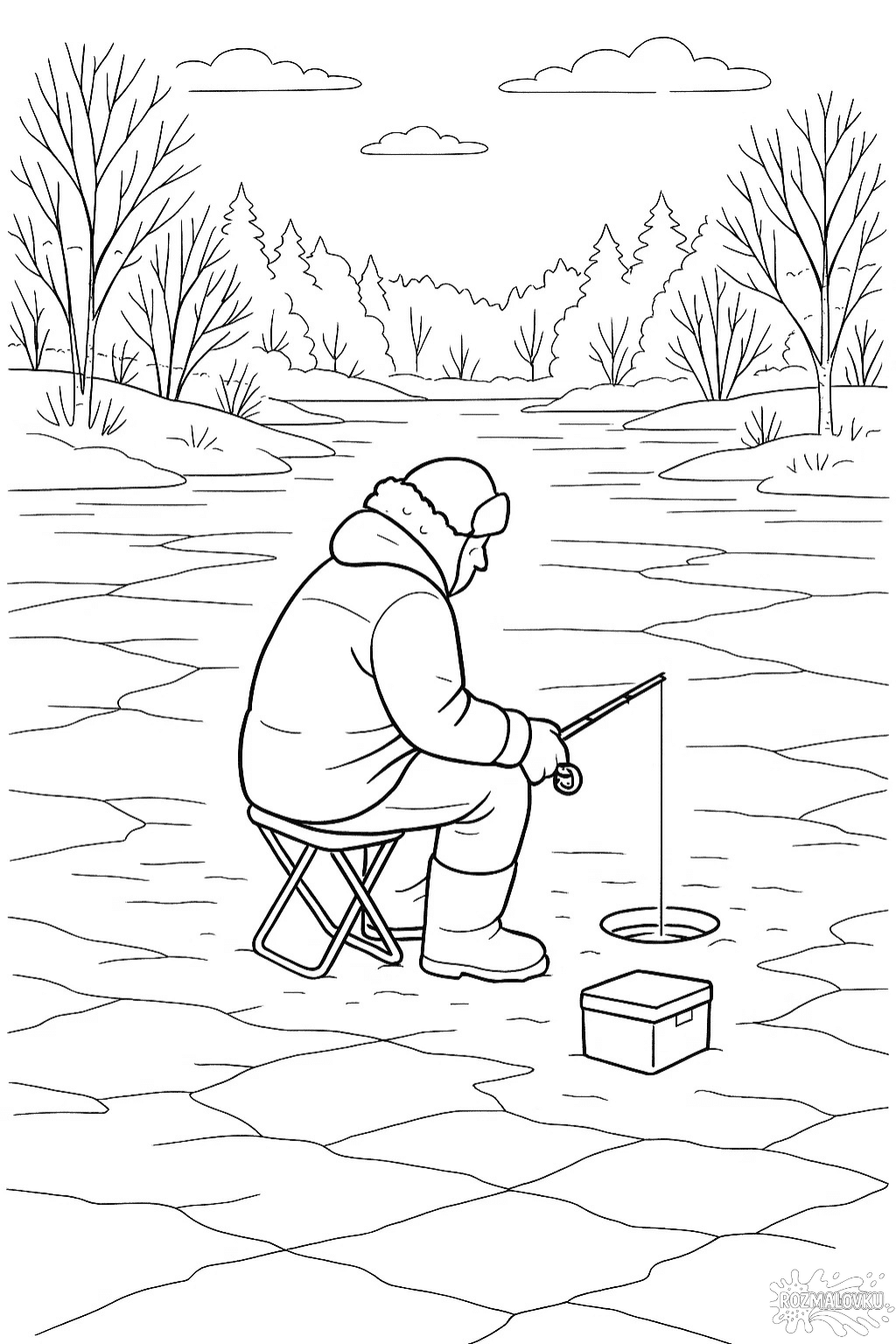 Зимова розмальовка «Рибалка на замерзлій річці» скачати та роздрукувати в форматі A4