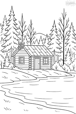 Зимова розмальовка «Затишний будиночок біля зимової озера» скачати та роздрукувати в форматі А4