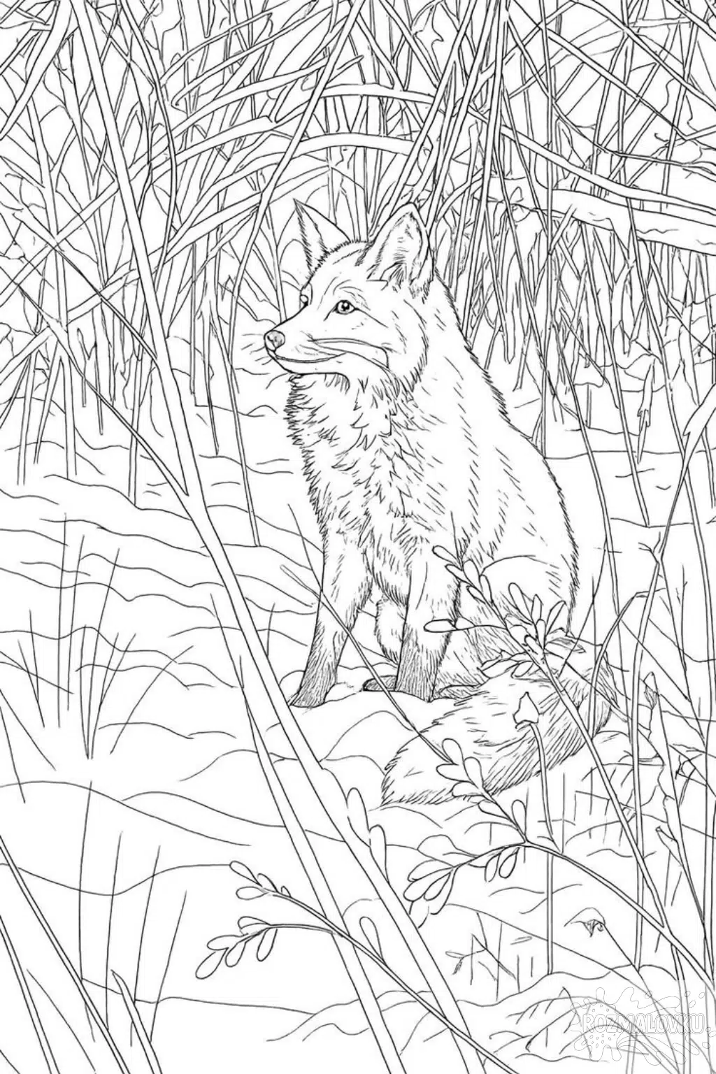 Зимова розмальовка з лисицею в засніженому лісі скачати та роздрукувати в форматі А4
