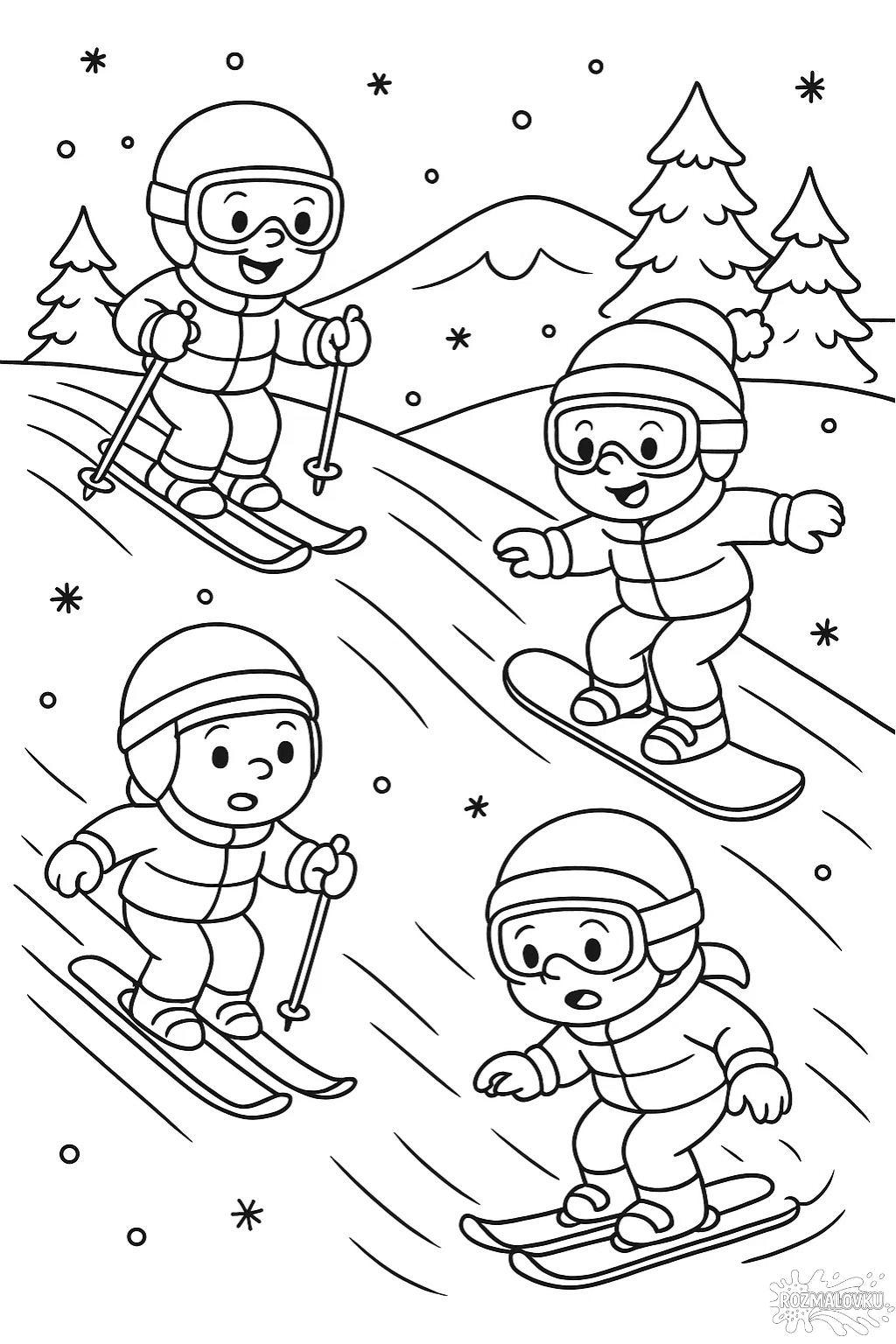 Скачати безкоштовну Зимову розмальовку з дітьми на лижах в форматі А4 для друку Зимова розмальовка з дітьми на лижах скачати та роздрукувати в форматі А4