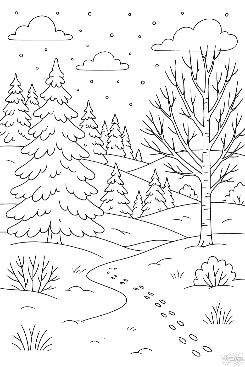 Зимова розмальовка з природою та засніженим лісовим пейзажем скачати та роздрукувати в форматі А4
