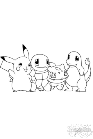 Розмальовка покемони Пікачу, Сквіртл, Бульбазавр і Чармандер скачати та роздрукувати в форматі А4