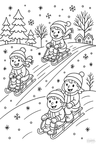 Розмальовка зимові забави на санчатах для дітей скачати та роздрукувати в форматі А4