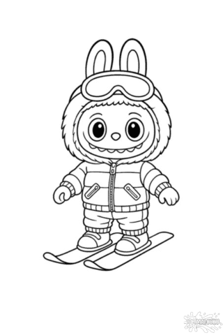 Зимова розмальовка з милим персонажем Лабубу на лижах скачати та роздрукувати в форматі А4