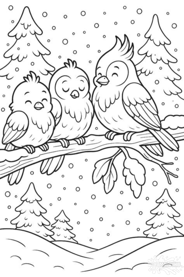 Зимова розмальовка з пташками на гілці в зимовому лісі скачати та роздрукувати в форматі А4