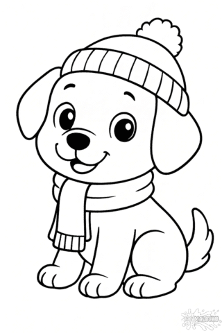 Розмальовка зимове цуценя в шапці та шарфику — скачати та роздрукувати в форматі А4