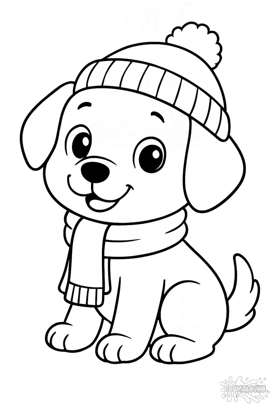 Розмальовка зимове цуценя в шапці та шарфику — скачати та роздрукувати в форматі А4