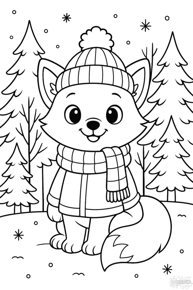 Розмальовка зимова лисичка в шапці та шарфику — скачати та роздрукувати в форматі A4