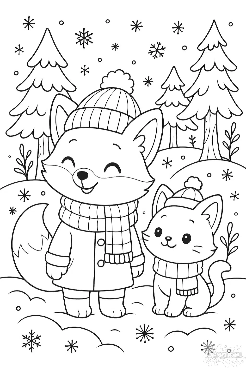 Розмальовка лисичка з котиком в зимовому лісі скачати та роздрукувати А4