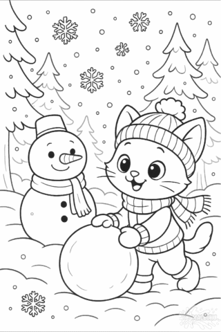 Розмальовка зимові ігри кошеняти скачати та роздрукувати в форматі А4