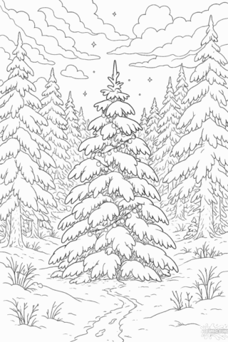 Зимова розмальовка засніжена ялинка в зимовому лісі скачати та роздрукувати в форматі А4