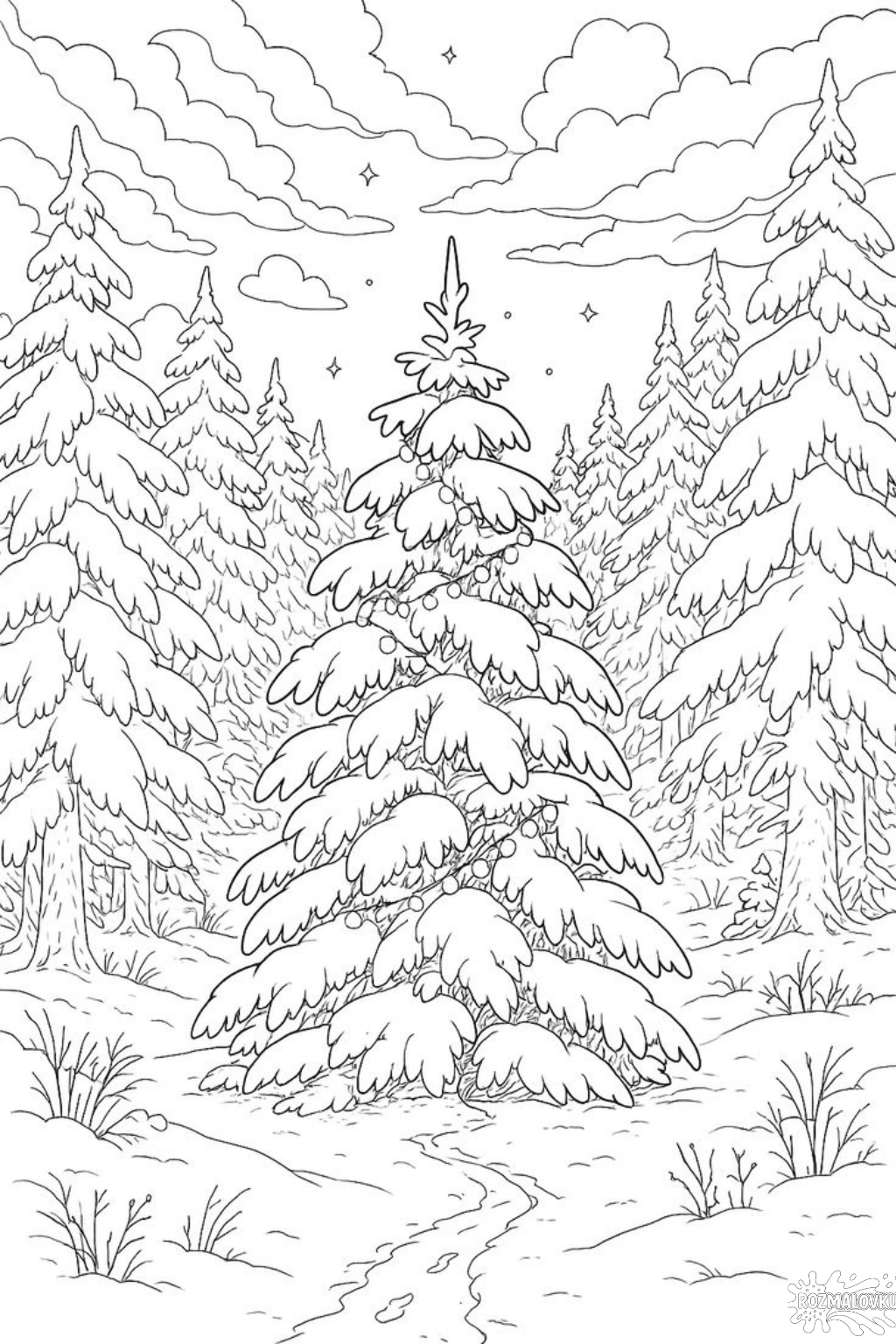 Зимова розмальовка засніжена ялинка в зимовому лісі скачати та роздрукувати в форматі А4