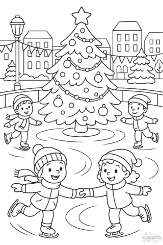 Зимова розмальовка: діти катаються на ковзанах біля новорічної ялинки — скачати та роздрукувати в форматі А4