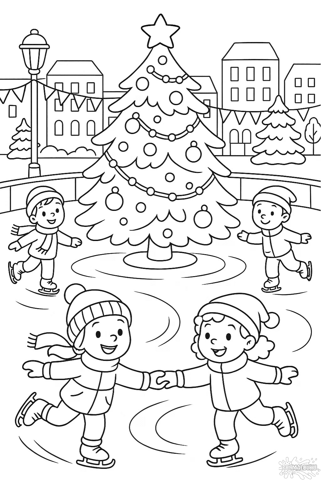 Скачати безкоштовну Зимова розмальовка: діти катаються на ковзанах біля новорічної ялинки в форматі А4 для друку Зимова розмальовка: діти катаються на ковзанах біля новорічної ялинки — скачати та роздрукувати в форматі А4