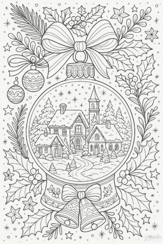 Зимова розмальовка антистрес зі сніжною кулею та зимовим містечком скачати та роздрукувати в форматі А4