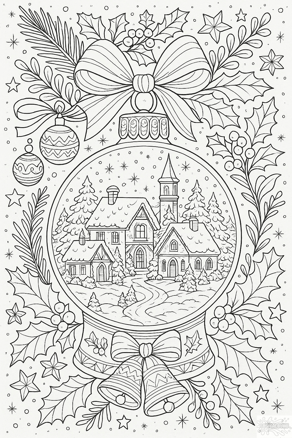 Скачати безкоштовну Зимова розмальовка антистрес зі сніжною кулею та зимовим містечком в форматі А4 для друку Зимова розмальовка антистрес зі сніжною кулею та зимовим містечком скачати та роздрукувати в форматі А4