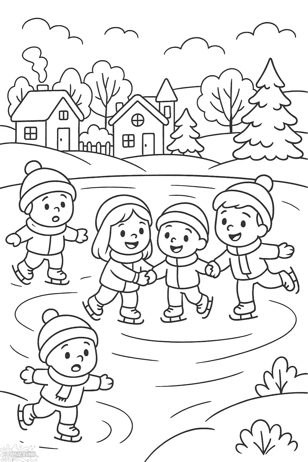 Зимова розмальовка Діти катаються на ковзанах скачати та роздрукувати в форматі А4