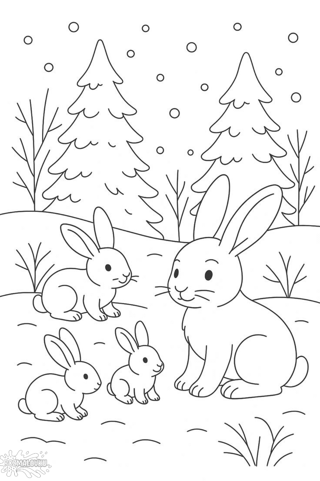 Зимова розмальовка «Зайчики в зимовому лісі» скачати та роздрукувати в форматі А4