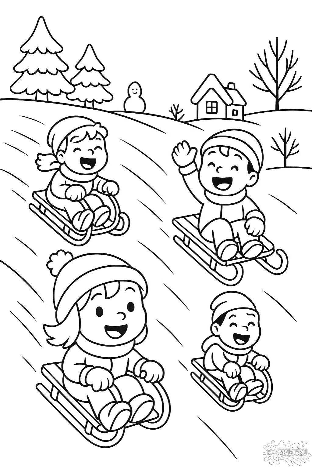 Зимова розмальовка діти на санчатах скачати та роздрукувати в форматі А4