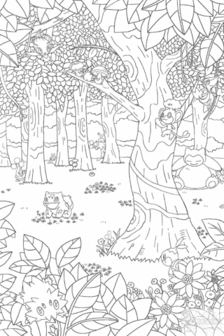 Розмальовка лісова галявина з покемонами