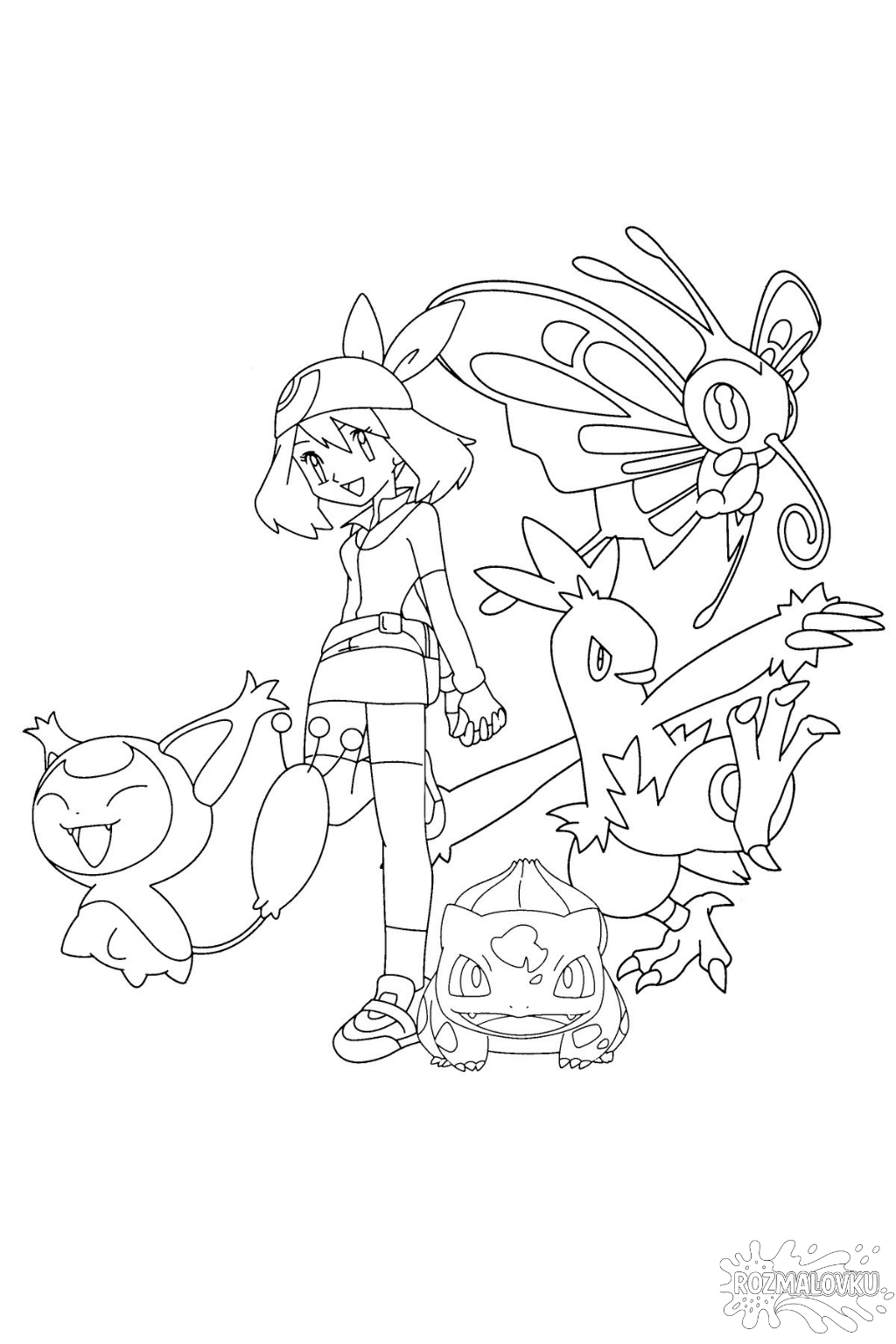Розмальовка тренерка Мей з покемонами скачати та роздрукувати в форматі А4