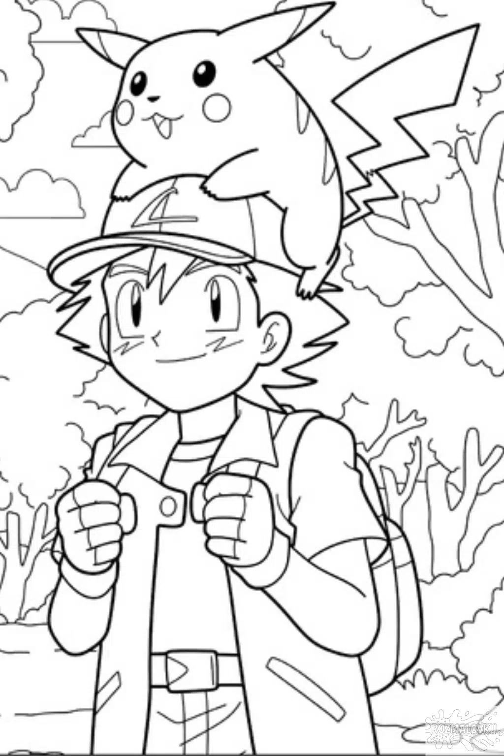 Розмальовка покемони Еш і Пікачу в лісі скачати та роздрукувати в форматі А4
