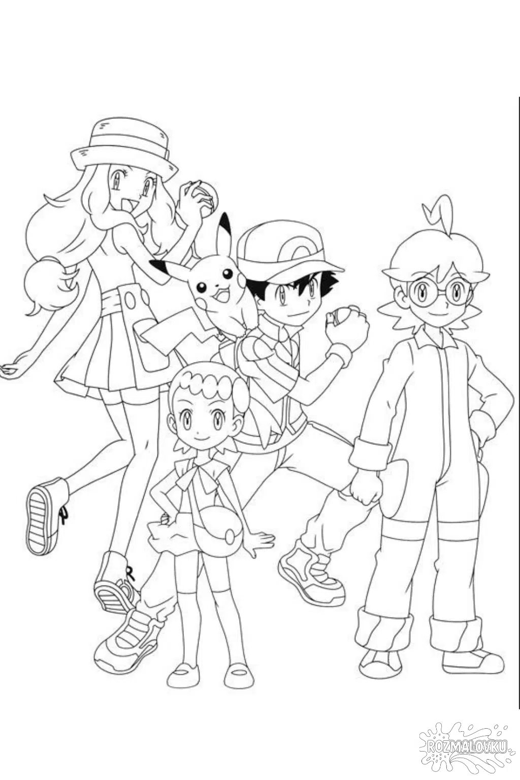 Розмальовка покемони тренери та Пікачу з мультфільму скачати та роздрукувати в форматі А4
