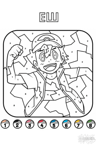 Розмальовка Еш Кетчум по номерах скачати та роздрукувати в форматі А4