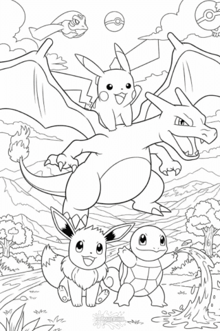Розмальовка покемони Пікачу, Чарізард, Іві та Сквіртл скачати та роздрукувати в форматі А4